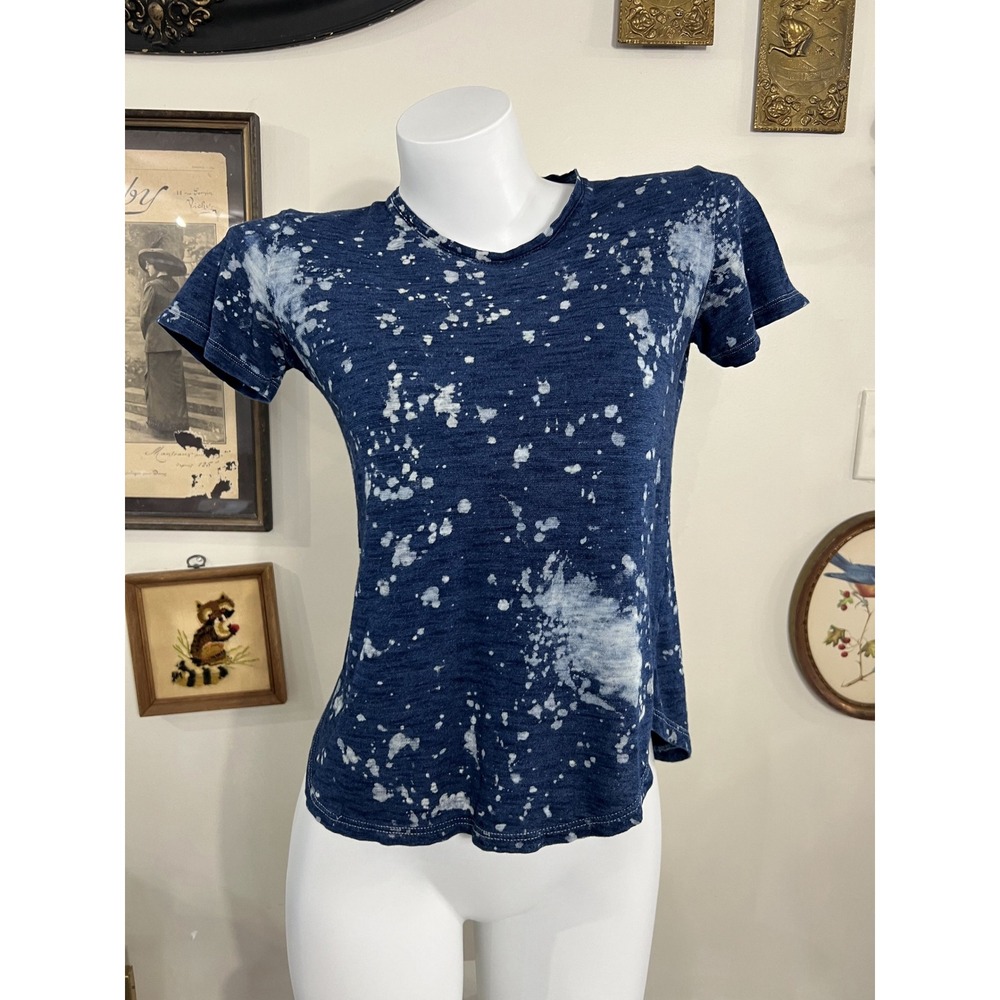 Monrow Blue Bleach Splatter Print Crew Neck Short Sleeve T-Shirt Size XS